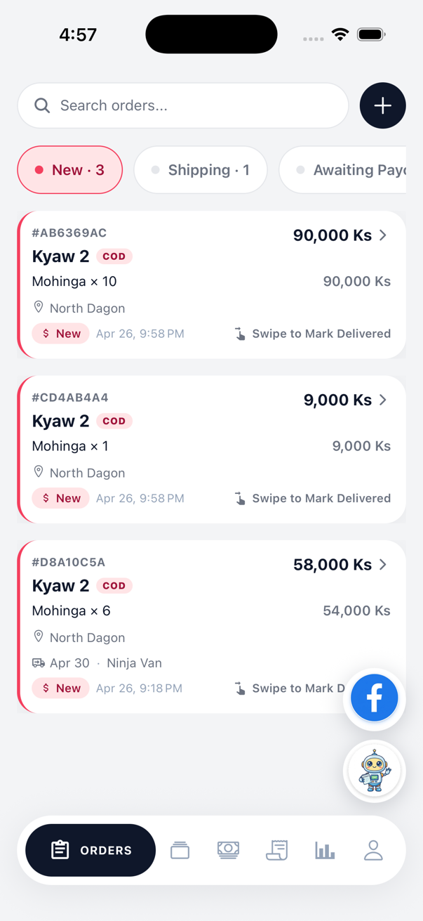 Orders list with Facebook and AI shortcuts
