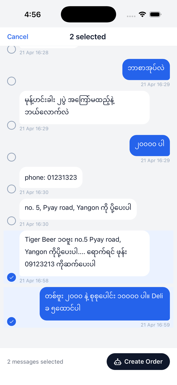 Messenger chat selected for order creation