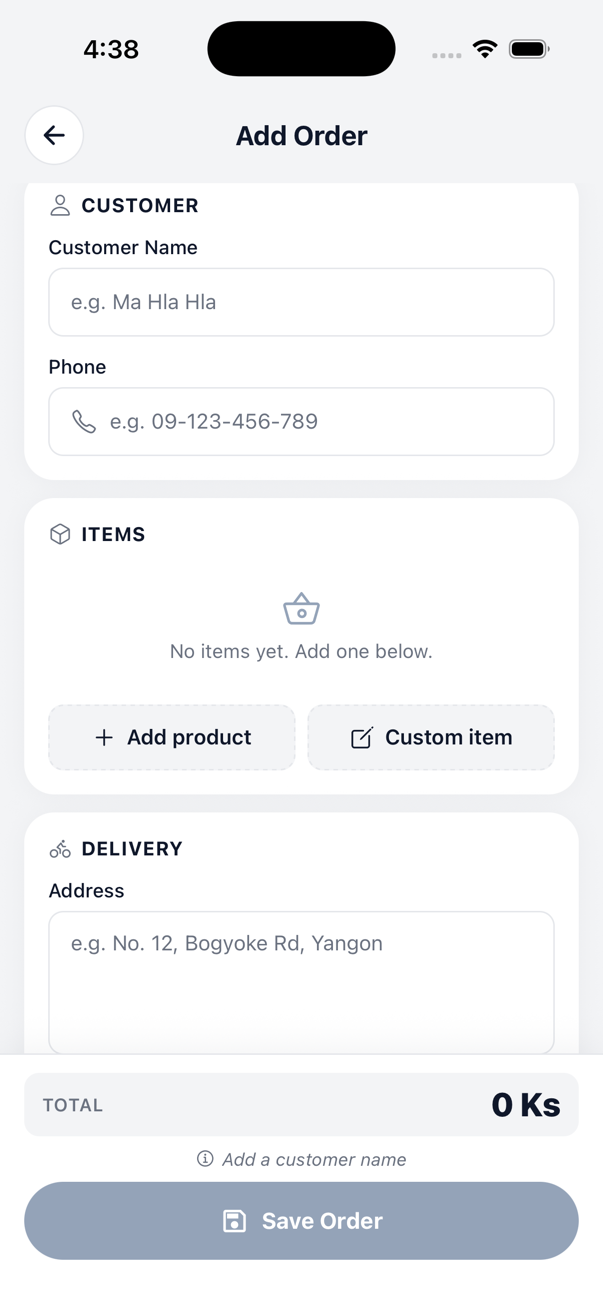 Add Order — customer & items