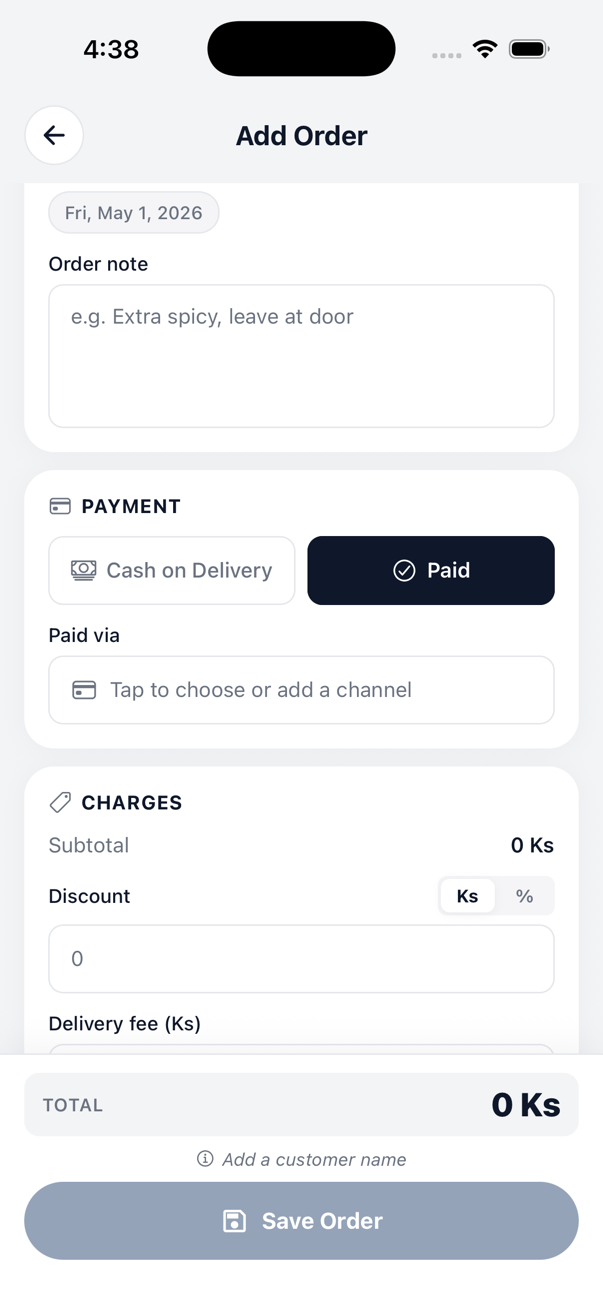 Add Order — payment & charges