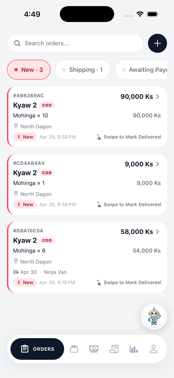 Orders list with status filters