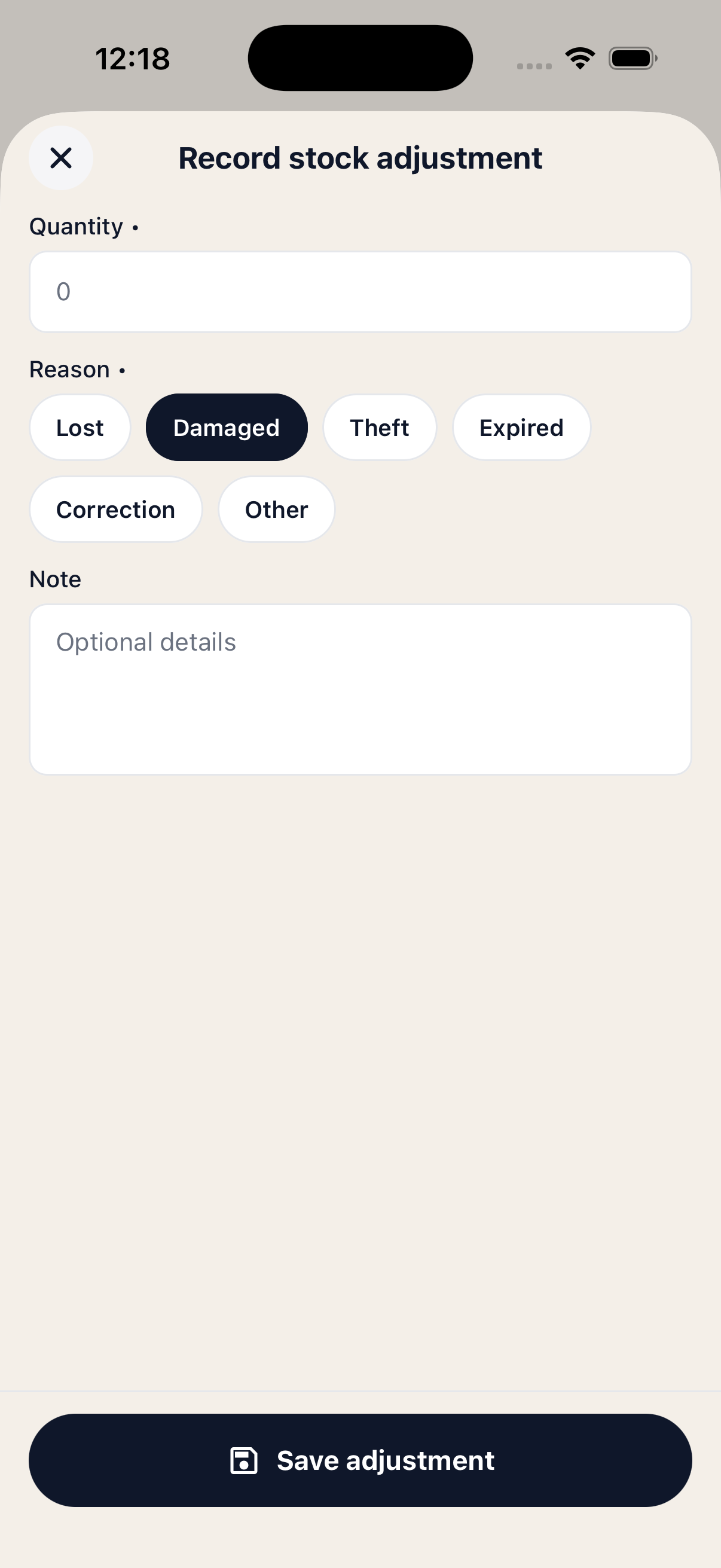 Record stock adjustment sheet with quantity, reason chips and note