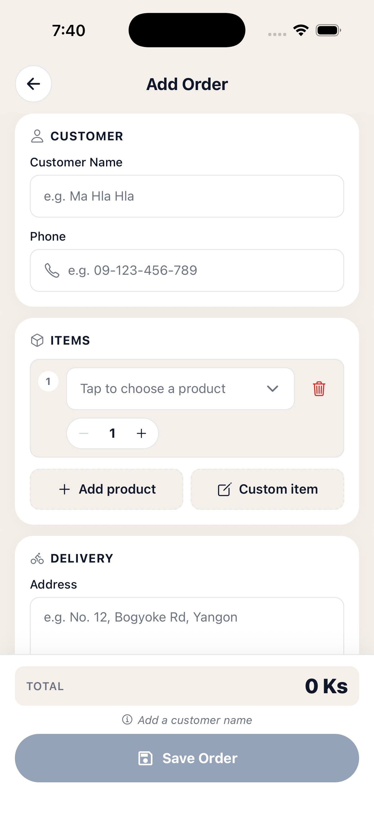 Add Order screen showing the Customer and Items sections