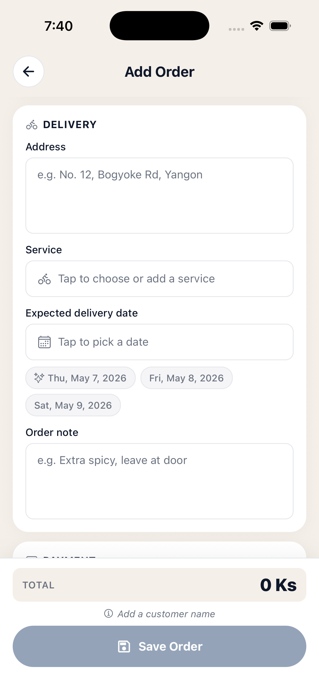 Delivery section with address, service picker, expected date suggestion chips and order note