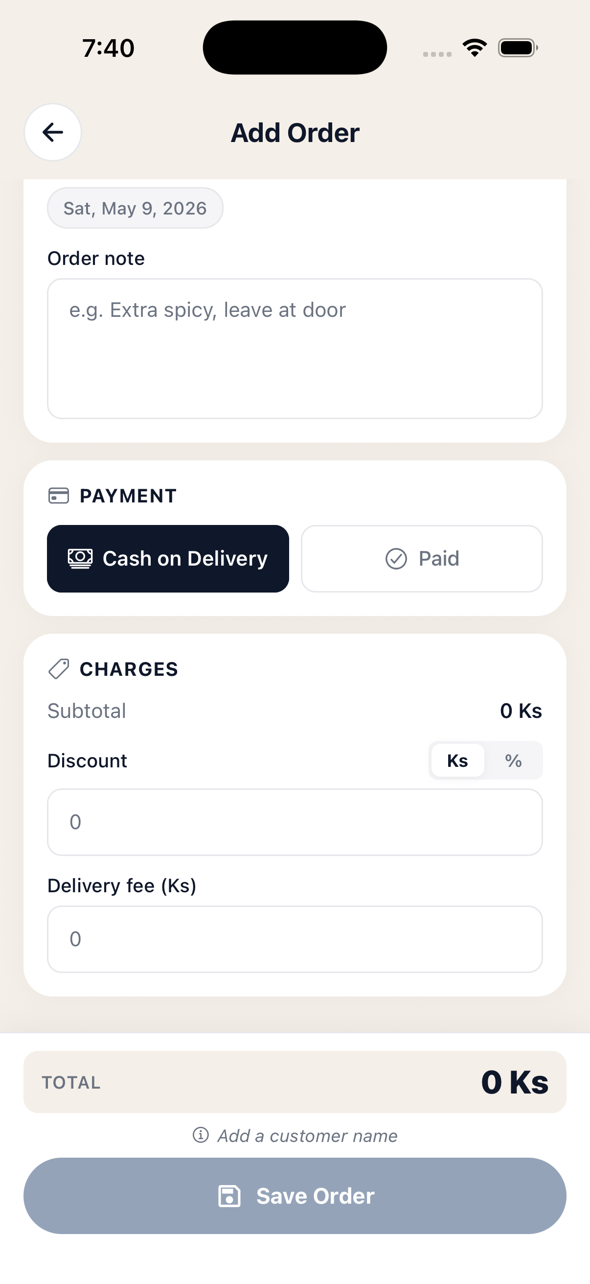 Payment buttons with Cash on Delivery selected, plus Charges section showing subtotal, discount toggle and delivery fee