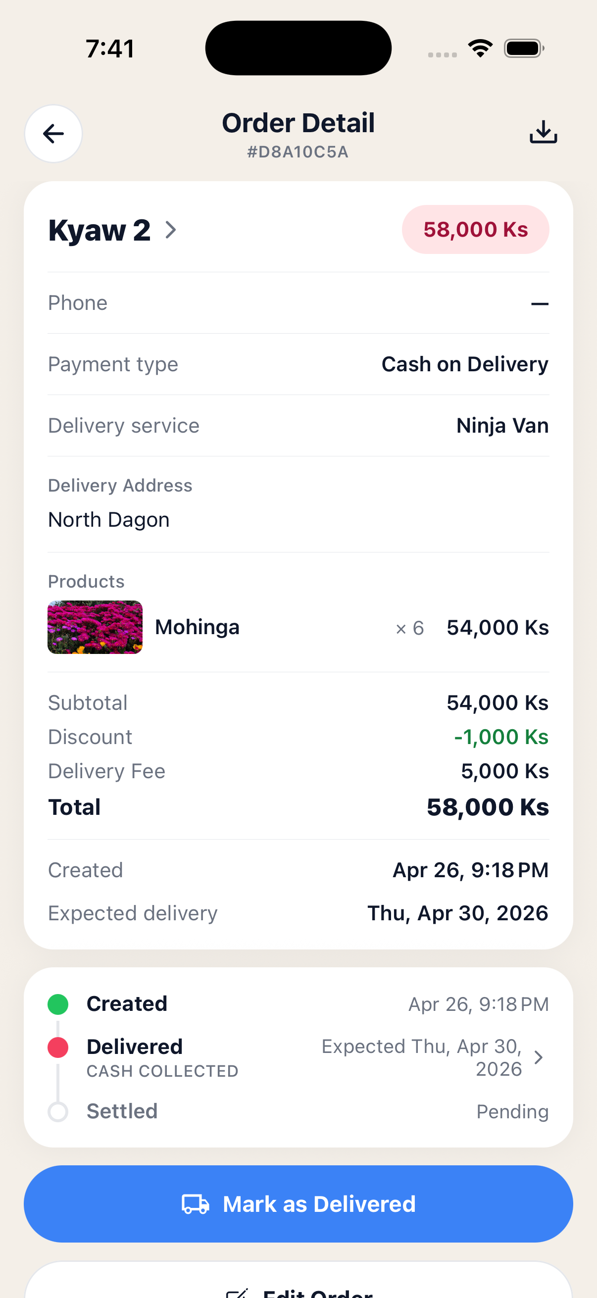 Order Detail screen showing customer, items, totals, COD timeline and a Mark as Delivered button