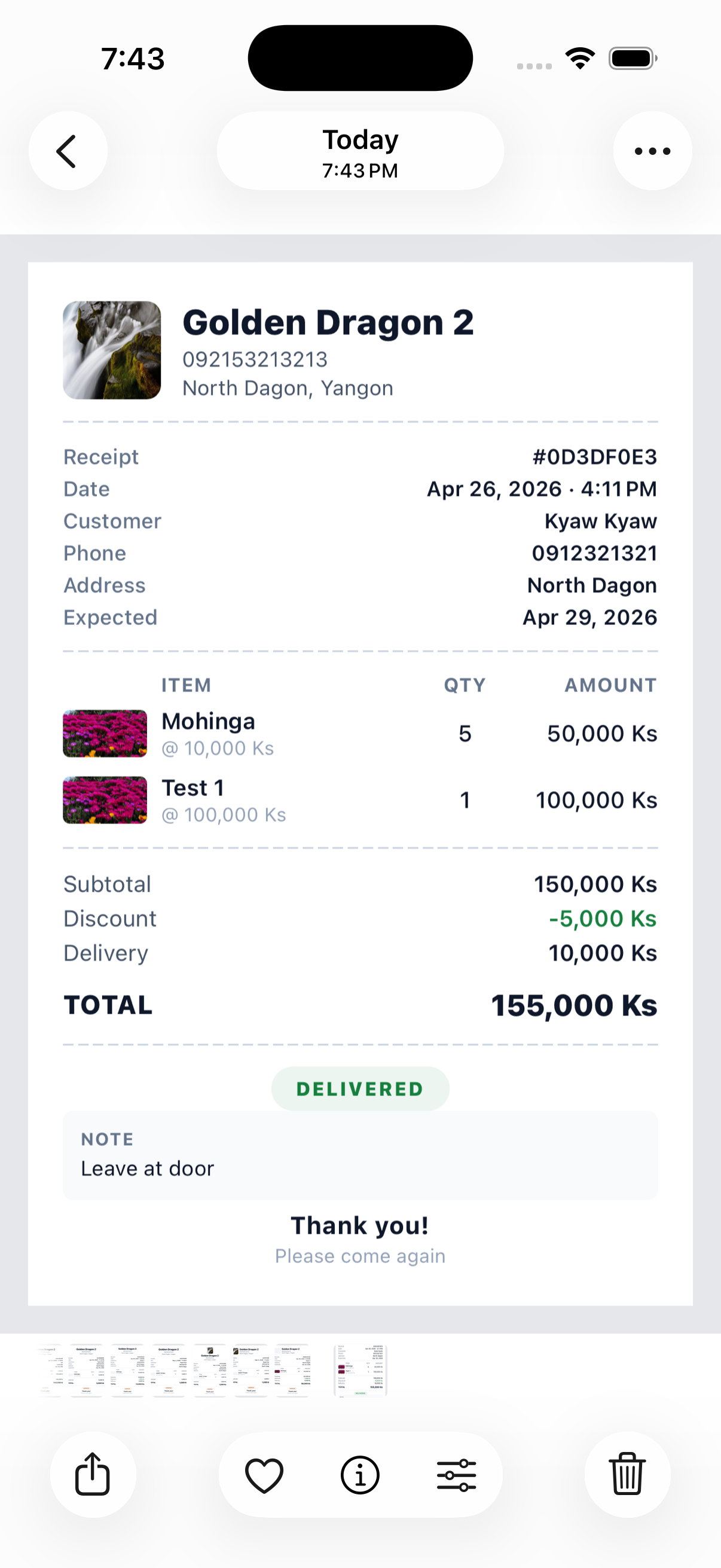 Exported receipt preview with store name, items, totals and a Delivered status pill