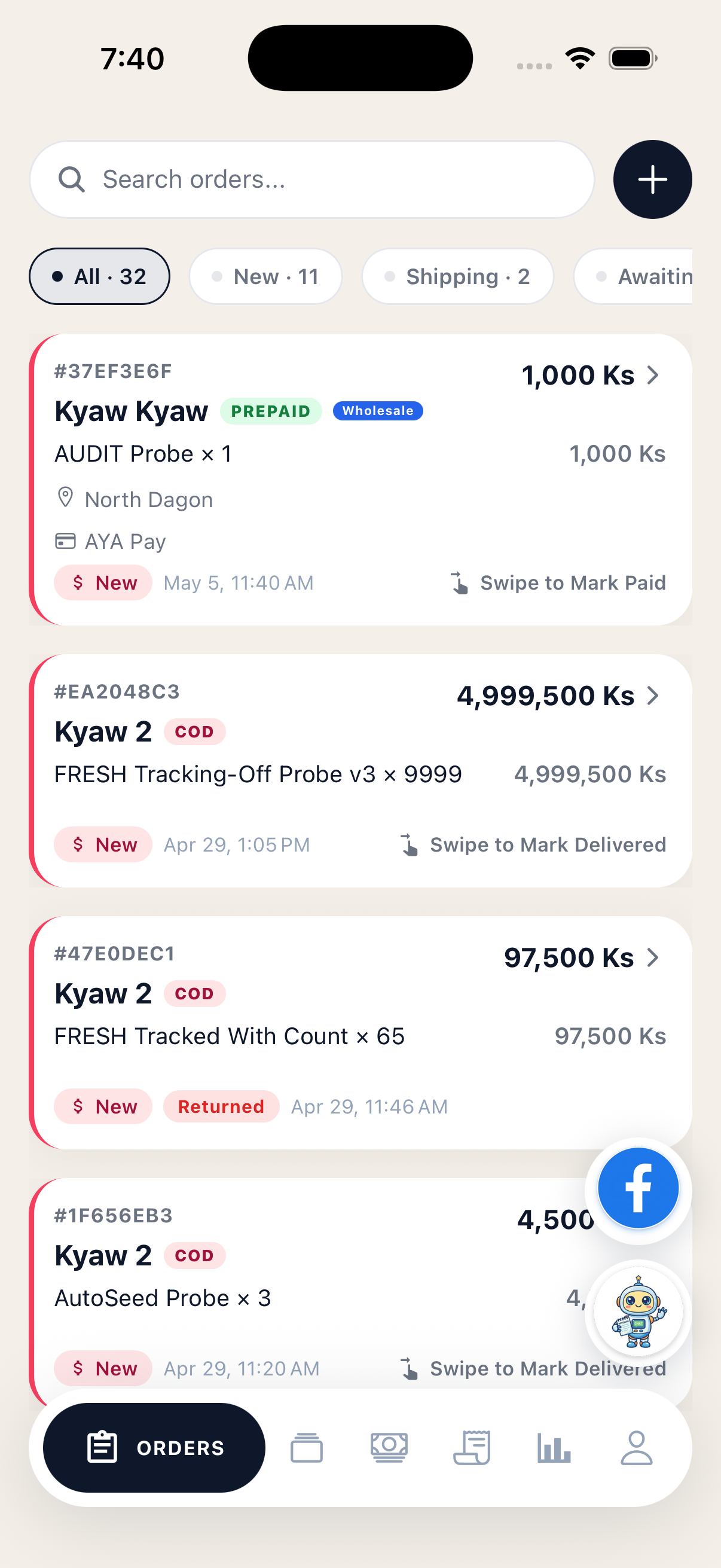 Orders list screen with search bar, status tabs and order cards