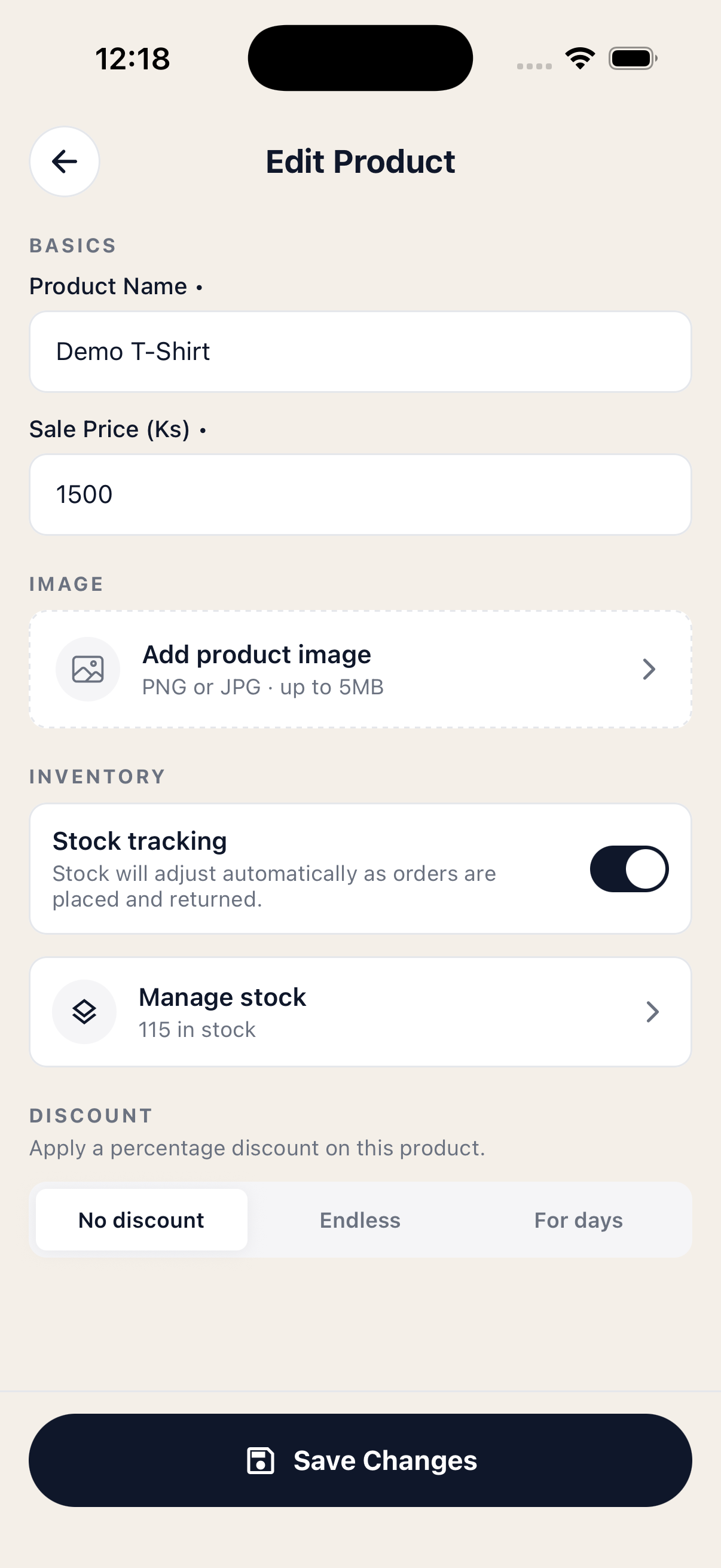Add product form with name, price, image, stock tracking and discount sections