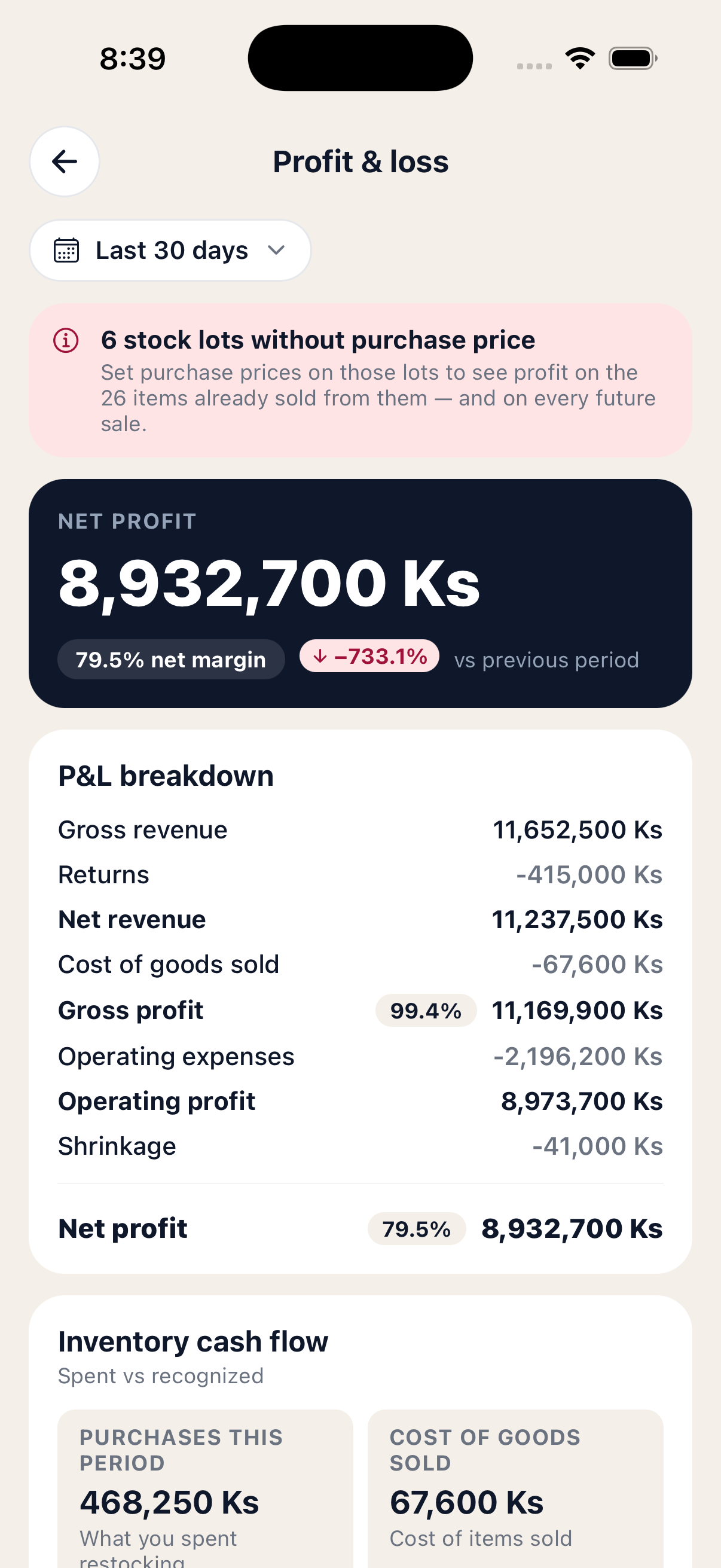 Profit & loss screen showing net profit hero, full P&L breakdown and inventory cash flow card