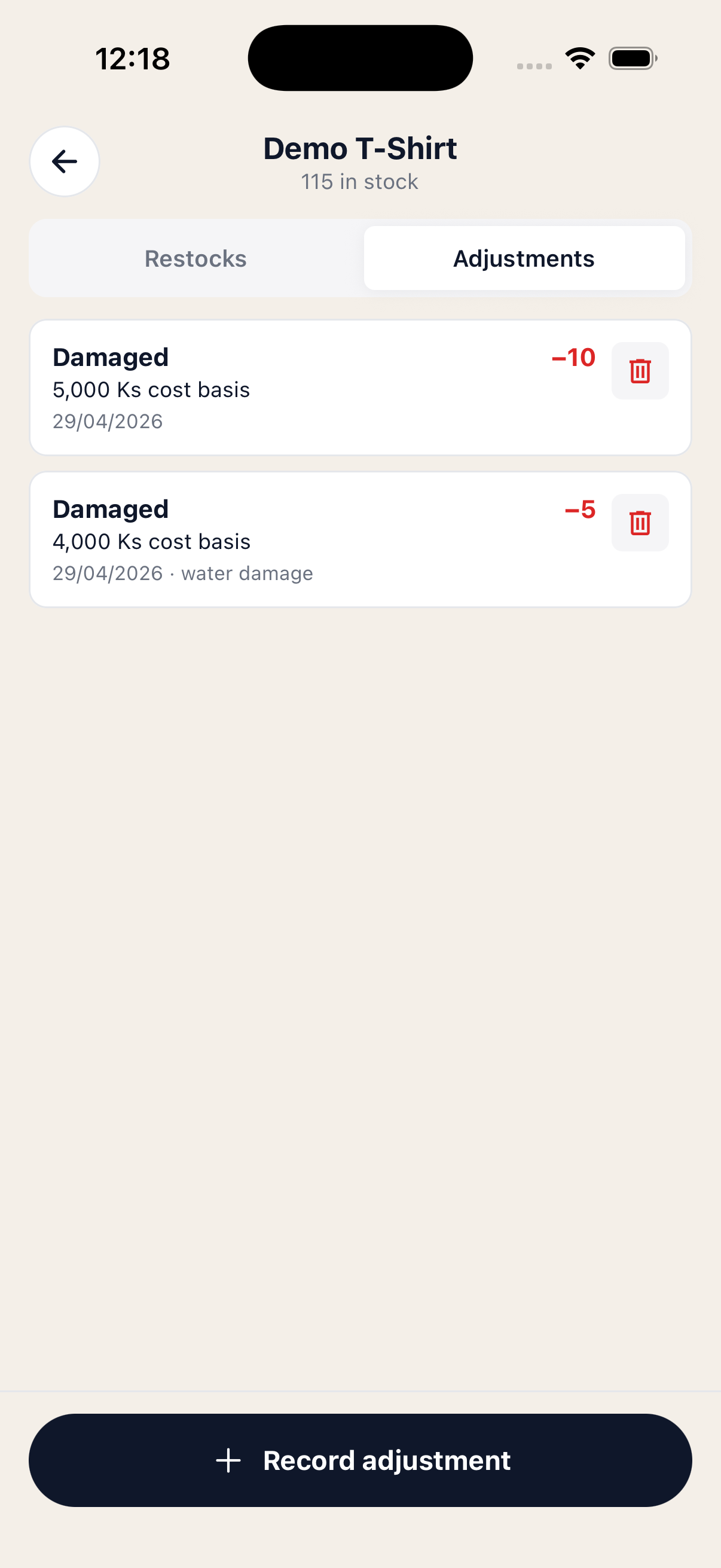 Adjustments tab listing two damaged entries