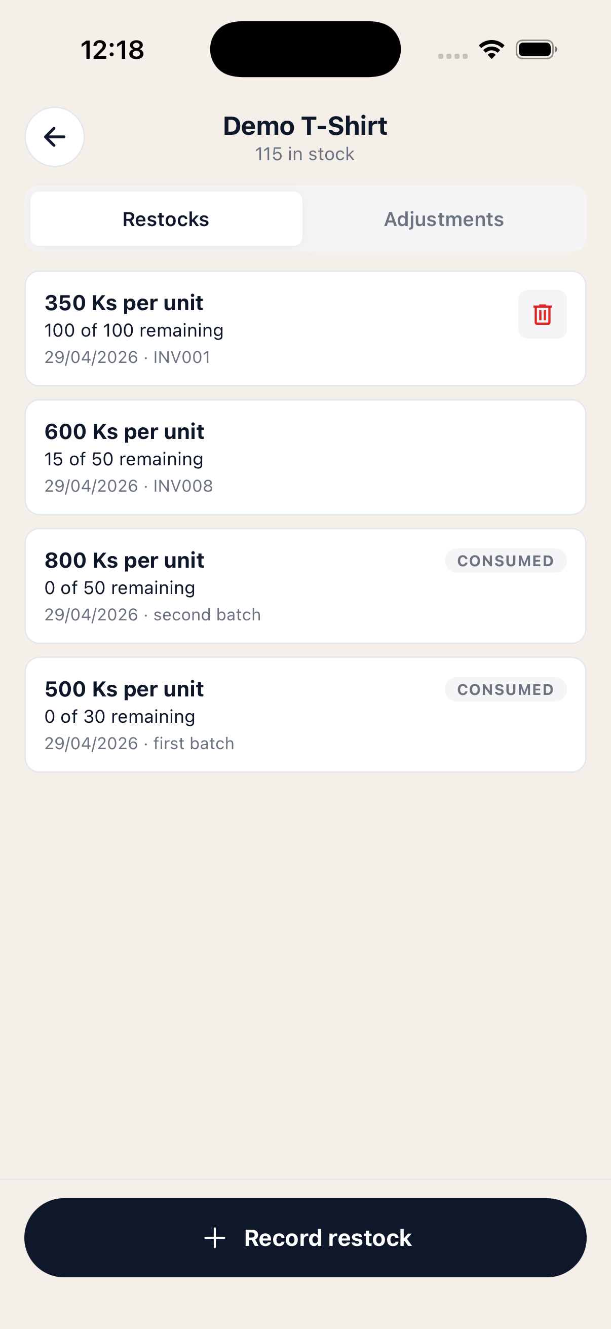 Inventory screen showing the Restocks tab with batches